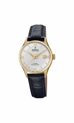 FESTINA SWISS MADE UR DAME GULD FARVET MED SORT LÆDERREM - F20011/1