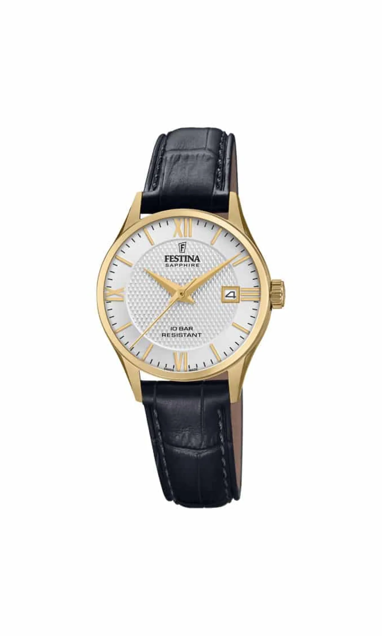 FESTINA SWISS MADE UR DAME GULD FARVET MED SORT LÆDERREM - F20011/1